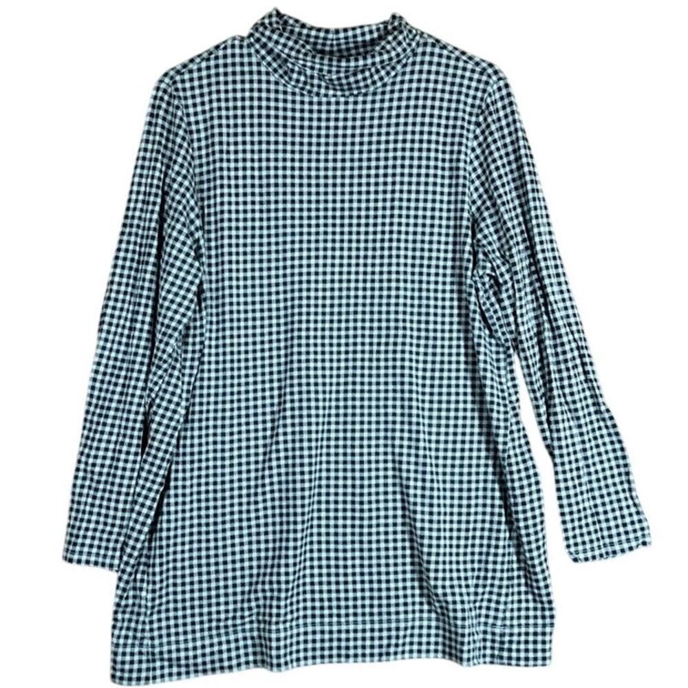 JJill Women Shirt Gray Black Plaid Turtleneck Supima Modal Blend Tunic Stretch L